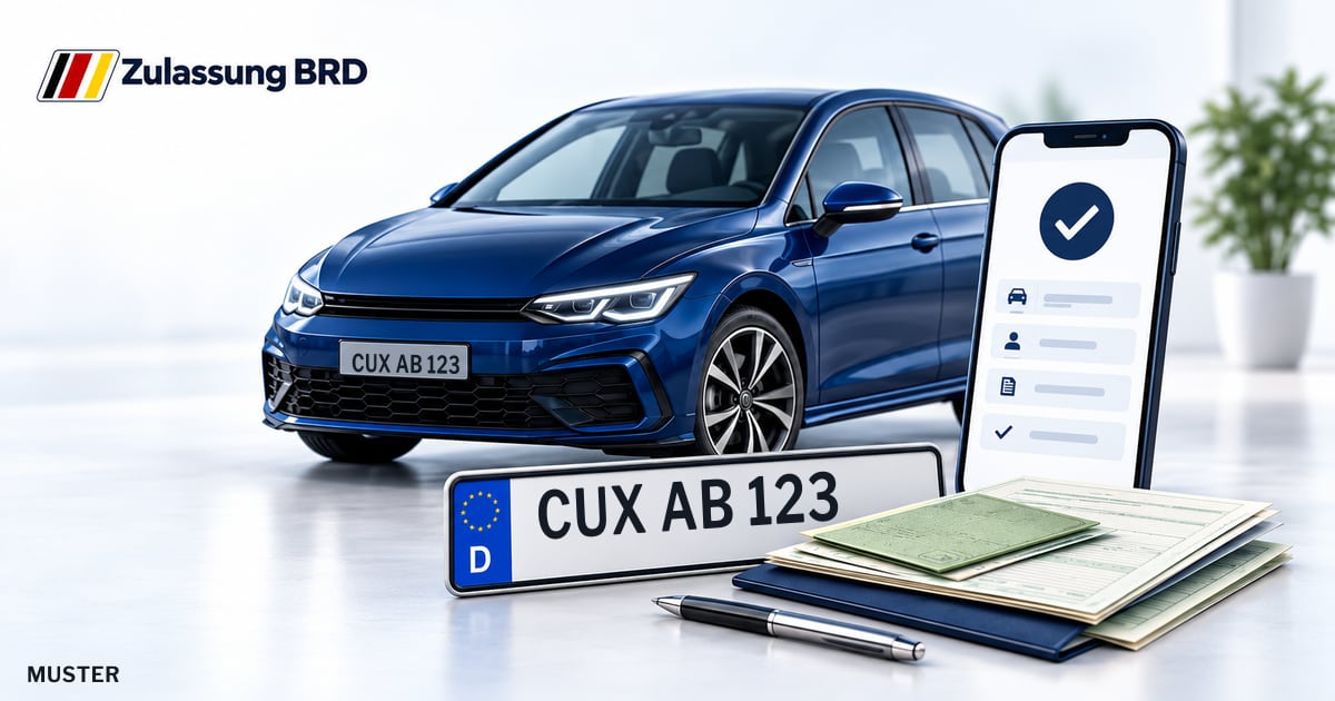 Online Fahrzeugzulassung in Beverstedt: Musterkennzeichen CUX AB 123, Auto und Fahrzeugpapiere und Smartphone. Illustration mit Logo von Zulassung BRD.